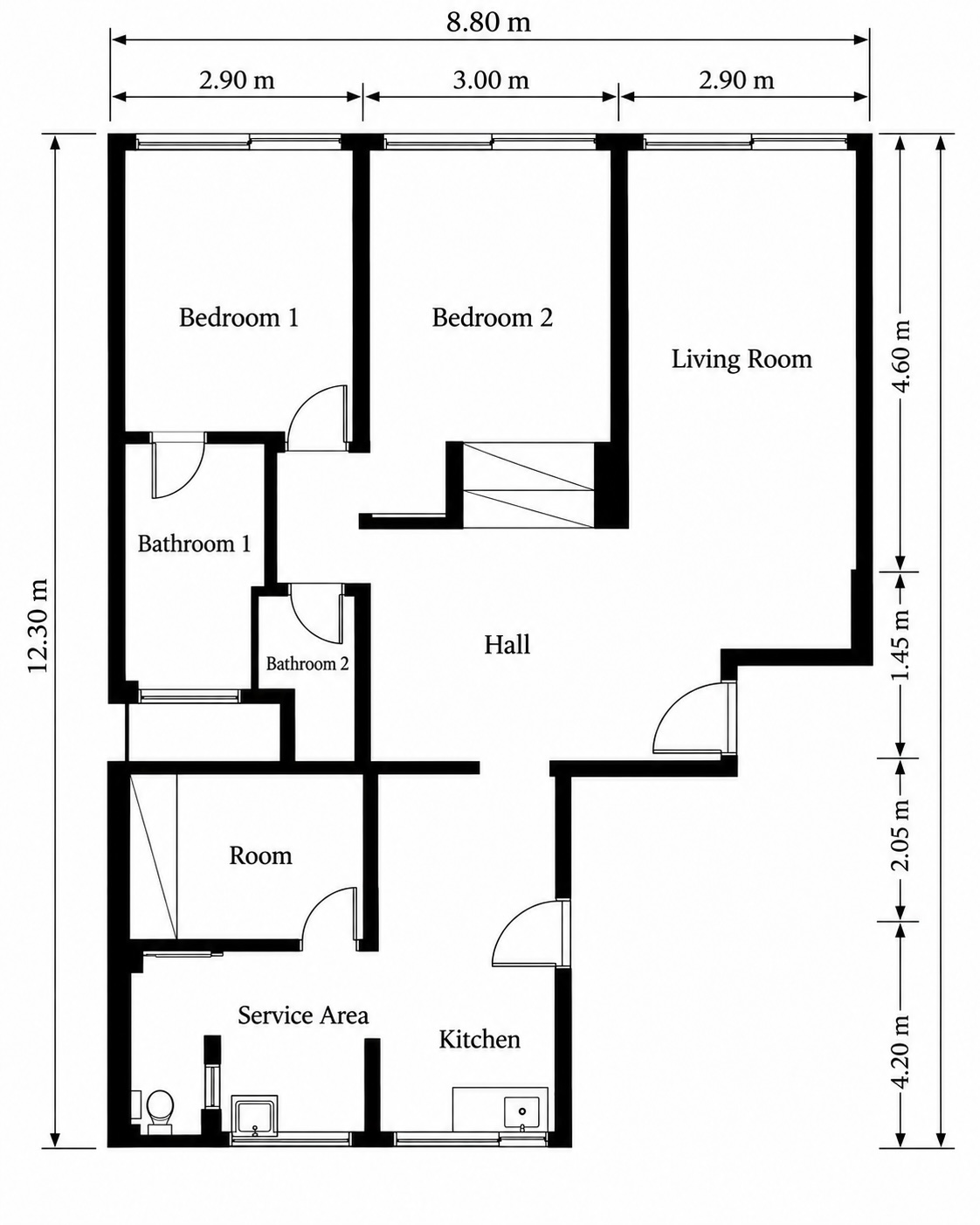 Planta ilustrativa do apartamento com dimensões aproximadas